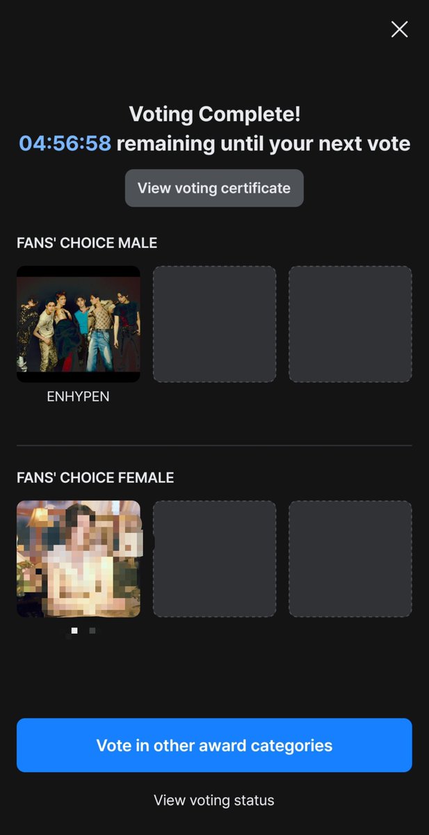 EN_CODEGLOBAL's tweet photo. [🏆#2026MAMA] — FANS' CHOICE CATEGORY R1

ENGENEs, voting has officially started.
​Although you can select up to three artists, please vote strictly for ENHYPEN in the male category. For the remaining choices, select one unknown solo artist before submitting your vote.

Check sample below: 
@ENHYPEN_members @ENHYPEN #ENHYPEN #엔하이픈  #エンハイプン