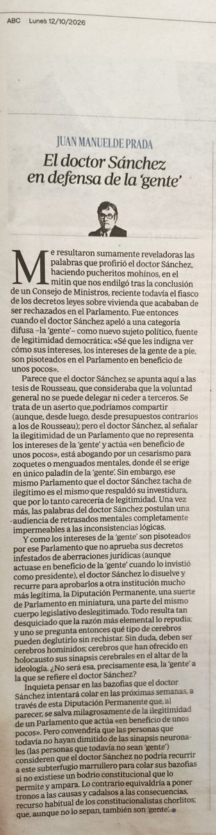 obioshypolepsis's tweet photo. El doctor Sánchez en defensa de la ‘gente’. Juan Manuel de Prada

Lunes, 12 de octubre de 2026. https://t.co/bpgHzKABYN