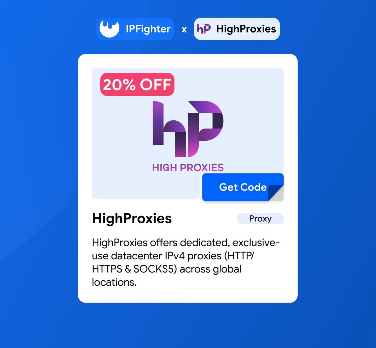 ipfighter_com's tweet photo. 🚀IPFighter x HighProxies are officially partners!🚀

Get specialized IPv4 datacenter proxies and VPNs from a trusted provider with 11 years of experience.

🔥EXCLUSIVE DEAL: Get 20% OFF your proxy plans!

👇Claim your coupon code here: https://t.co/gS8HWh3knI

#proxy https://t.co/6i7NGjB1BT