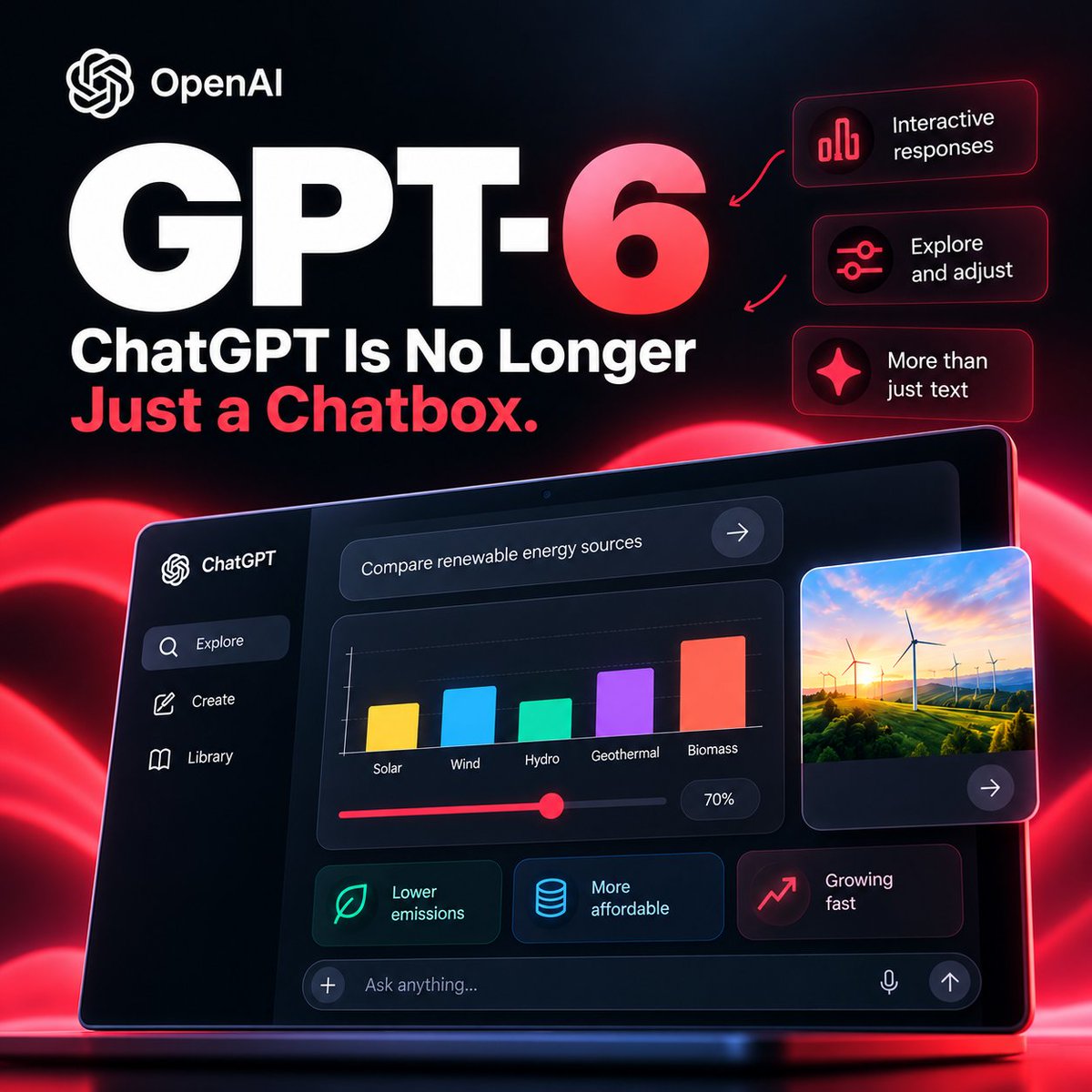 Crowdfire's tweet photo. For years, using AI meant typing a question and getting an answer.
But what if you could actually interact with that answer?

With GPT-6, OpenAI is moving #ChatGPT towards a more visual experience, where responses can include interactive elements that users can explore and adjust.

Less scrolling through paragraphs. More interacting with information.

The interesting part? AI interfaces may be changing just as quickly as the models behind them.