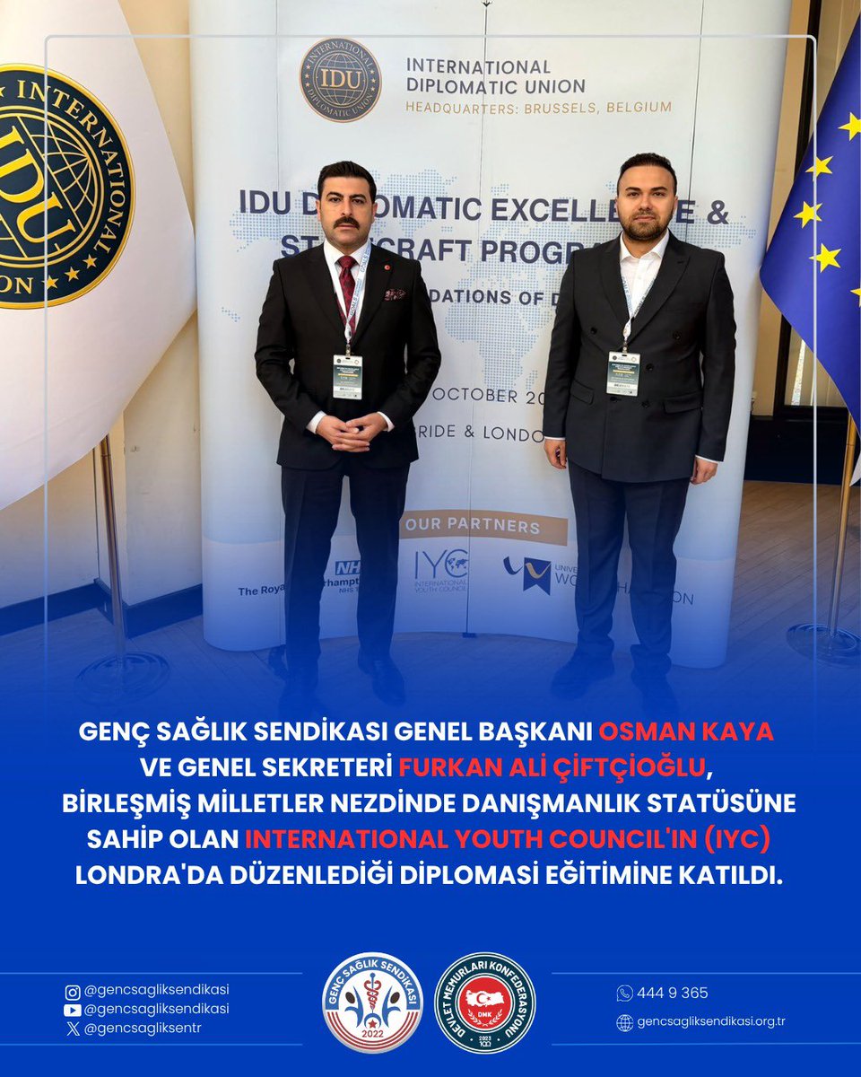 gencsagliksentr's tweet photo. Genç Sağlık Sendikası Uluslararası Arenada

Genel Başkanımız Osman Kaya ve Genel Sekreterimiz Furkan Ali Çiftçioğlu, Birleşmiş Milletler nezdinde danışmanlık statüsüne sahip International Youth Council’ın (IYC) Londra ve Cambridge’de düzenlediği diplomasi eğitimine katılarak Türkiye’yi temsil ediyor.

“Diplomatik Mükemmeliyet ve Devlet Yönetimi Programı – 1. Seviye: Diplomasinin Temelleri” başlıklı program, 12-16 Ekim 2026 tarihlerinde gerçekleşiyor. Cambridge Union’da ustalık dersleri, diplomatik simülasyonlar ile protokol ve yazışma atölyeleri düzenlenirken, Londra’da büyükelçilik ve İngiliz Milletler Topluluğu (Commonwealth) Sekretaryası ziyaretleri de program kapsamında yer alıyor.

Farklı ülkelerden diplomatları, kamu görevlilerini ve genç liderleri bir araya getiren bu süreçte Osman Kaya ve Furkan Ali Çiftçioğlu, Dünya Genç Sendikacılar Birliği (WAYTU) ve Genç Sağlık Sendikası adına Türkiye’yi temsil ediyor.

Genel Başkanımız Osman Kaya, Türkiye’de başlattığımız yeni nesil sendikacılık anlayışını uluslararası diplomasinin merkezlerinden birinde temsil etmenin gururunu yaşadıklarını belirterek genç kamu çalışanlarının sesini uluslararası platformlara taşımaya devam edeceklerini ifade etti.

Ülkemizi temsil etmenin gururunu yaşıyoruz.
