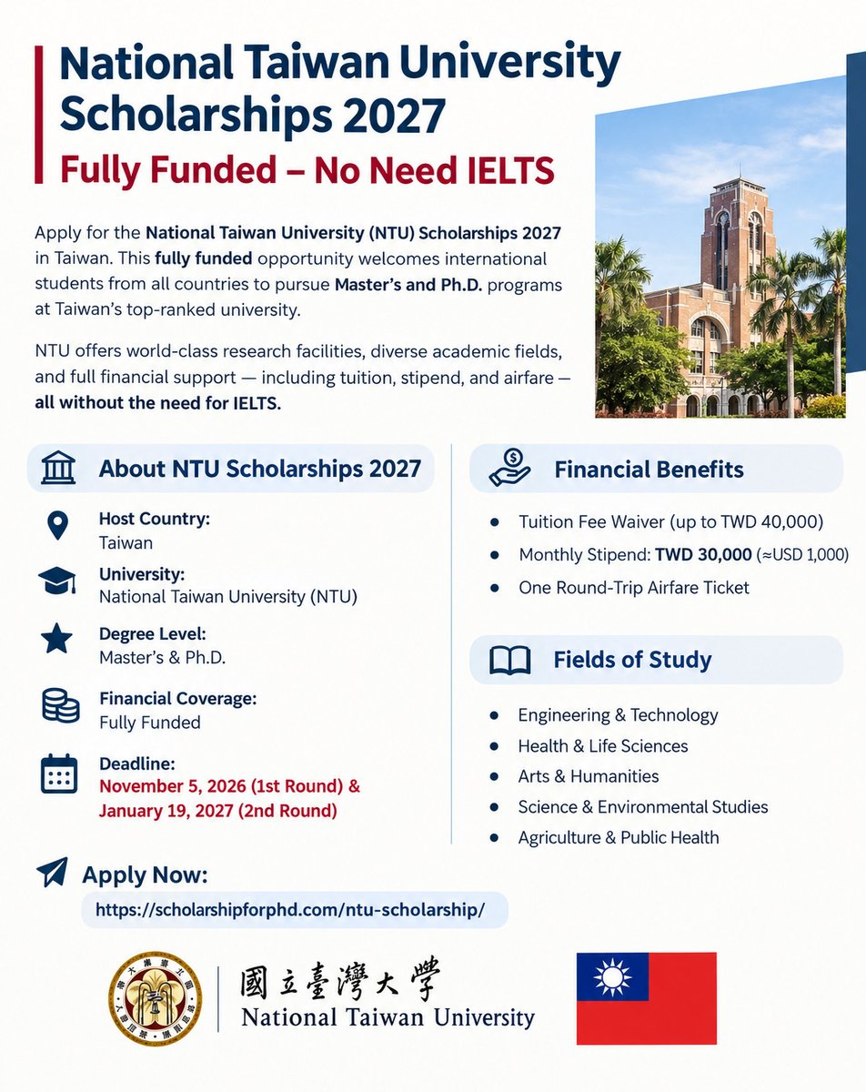 ScholarshipfPhd's tweet photo. National Taiwan University Scholarships 2027 in Taiwan without IELTS [Fully Funded]

Visit: https://t.co/qSMCucTx7T

Degree: Master &amp; Ph.D

No Need IELTS

Deadline: November 5, 2026 ( 1st Round) &amp; January 19, 2027 ( 2nd Round) https://t.co/0F5S7UUBvO