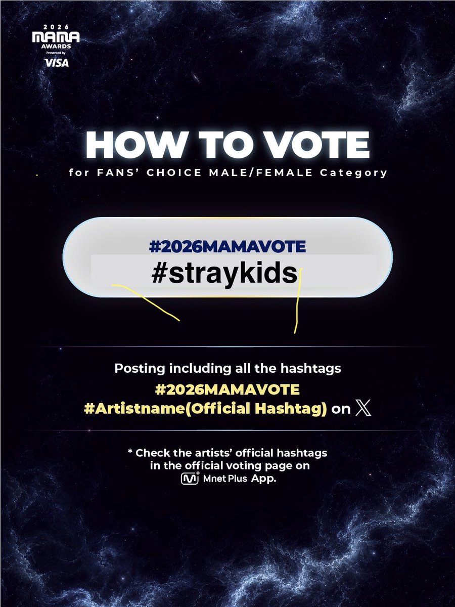 TeamSVS's tweet photo. [🏆MAMA 2026]
SKZ nominations:
🏆Best Male Group
🏆Best Dance Performance Male Group
🏆Fans’ Choice

Only FANS’ CHOICE can be voted
🗳️MNET+ (90%)
— Vote SKZ + 1👩🏻
— 1 vote daily/device
https://t.co/lgt6wh19wm

🗳️TWT/X (10%)
— Tweet/RT #2026MAMAVOTE #straykids 
— must be public https://t.co/BlaEEvDh61