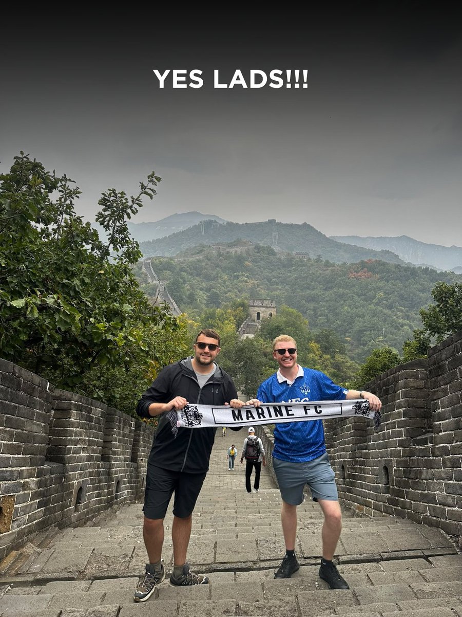 MarineAFC's tweet photo. 🇨🇳 They say there are seven wonders of the world, but let's be honest, only one of them plays its football in L23.

A massive shoutout to Luca, Luke, Dermot, Jack, Matty, and Michael, who decided to do the Great Wall of China a massive favour this week by treating it to the famous black and white.

Where are we off next?  ⤵️
📨socialmedia@marinefc.com
