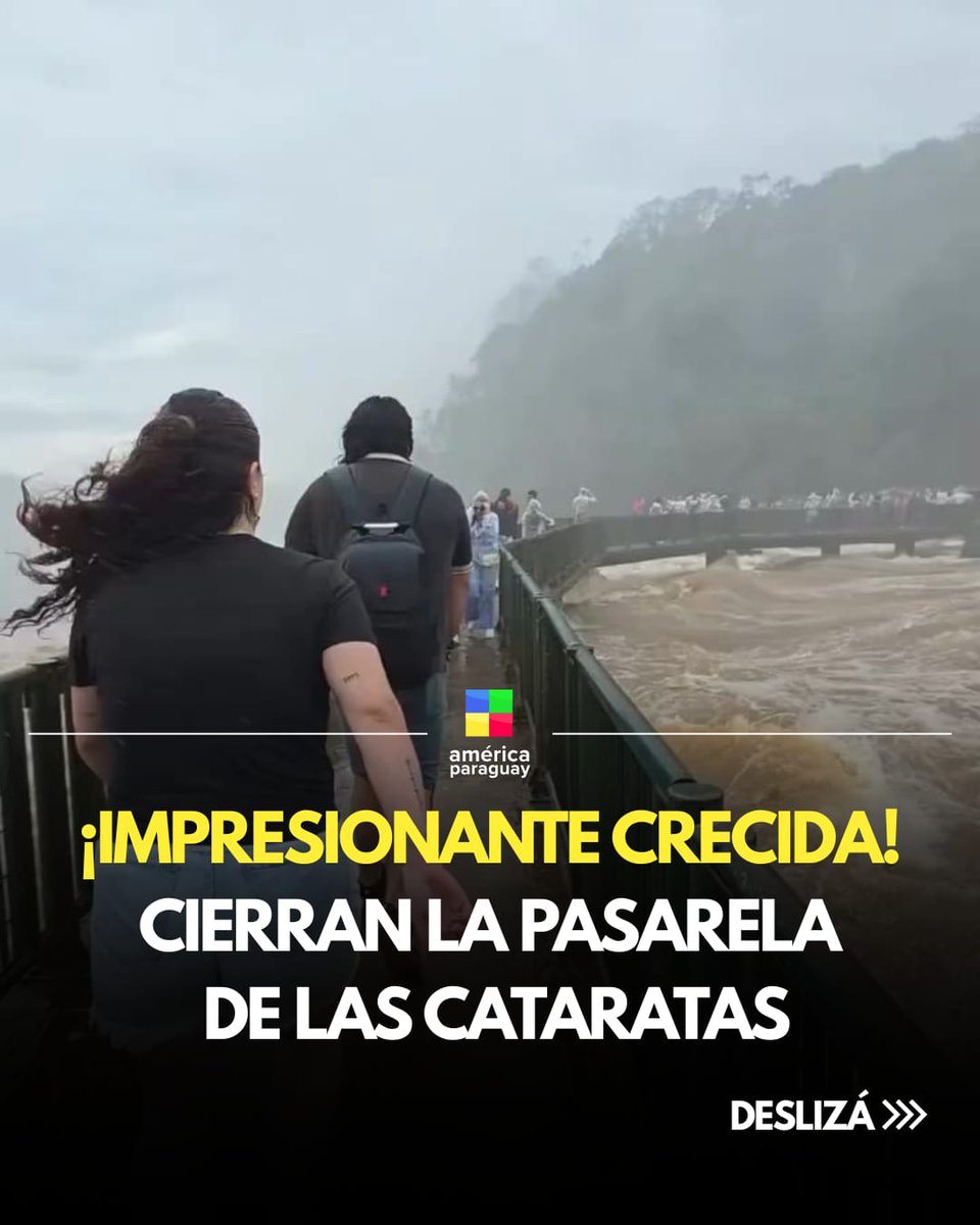 AmericaTVPy's tweet photo. 🌊 Crecida del río Iguazú obliga a cerrar la pasarela de las Cataratas

👉🏻 El fuerte aumento del caudal del río Iguazú obligó a cerrar preventivamente este domingo el acceso principal a los saltos, en Foz de Iguazú.

📌 El volumen de agua alcanzó los 8,8 millones de litros por segundo, casi seis veces por encima del promedio histórico.

⚠️ La medida responde a razones de seguridad. Los miradores del parque continúan habilitados mientras las autoridades monitorean el descenso del agua.

#AméricaTVPy