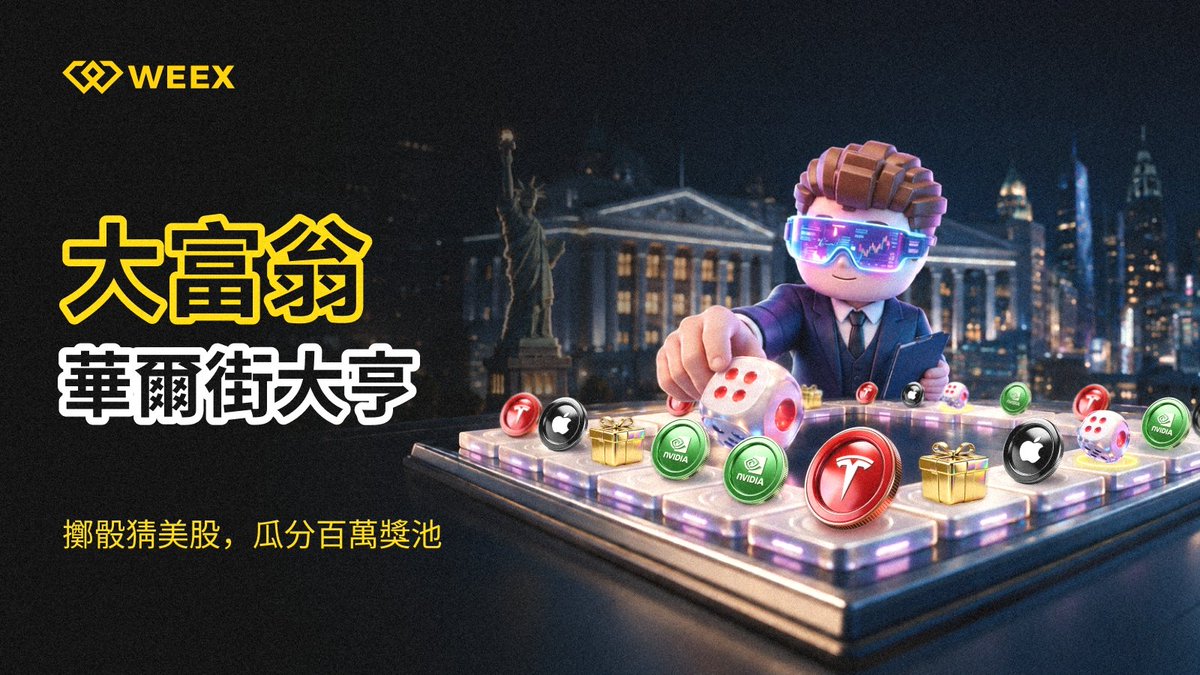 weexglobal_ch's tweet photo. 🎲 骰子還沒擲，抽獎資格先拿下！

WEEX「華爾街大富翁」，報名領骰子，走棋盤、猜美股，試試你的手氣與眼力。

🎁 10 月 16 日前成功報名，抽 5 人各送 10 USDT！

這局等你加入👇
👉 https://t.co/kTNhreJFyk

#WEEX #華爾街大富翁 #Tradfi https://t.co/jjzLgC2av7