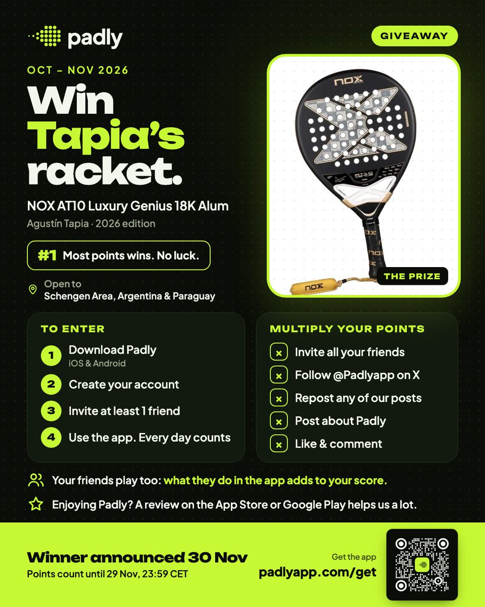 Padlyapp's tweet photo. 🎾 ¿Querés ganar la pala de Agustín Tapia?

¡Es muy fácil! Solo tenés que ayudarme a que más gente conozca Padly.

📱 ¿Cómo participar?

Crea tu cuenta y usá la app.

Compartila con tus amigos usando tu código de referido.

Dejanos una reseña en la App Store o Google Play para que más gente nos descubra.

🏆 ¡Tus posibilidades de ganar son muy altas!

Además, todos los que descarguen Padly con tu código de referido se benefician, ¡y vos también!

🎟️ ¡Y hay más premios!

Para el próximo torneo después de este, vamos a sortear 2 entradas para un torneo de Premier Padel.

¡Compartí Padly y aumentá tus posibilidades de ganar! 🚀

----

🎾 Want to win Agustín Tapia's padel racket?

It's easy! All you have to do is help me spread the word about Padly.

📱 How to participate:

Use the app.

Share it with your friends using your referral code.

Leave us a review on the App Store or Google Play so more people can discover us.

🏆 Your chances of winning are really high!

Plus, everyone who downloads Padly using your referral code gets rewarded, and so do you!

🎟️ And there are more prizes!

For the tournament after this one, we'll be giving away 2 tickets to a Premier Padel tournament!

Share Padly and increase your chances of winning! 🚀