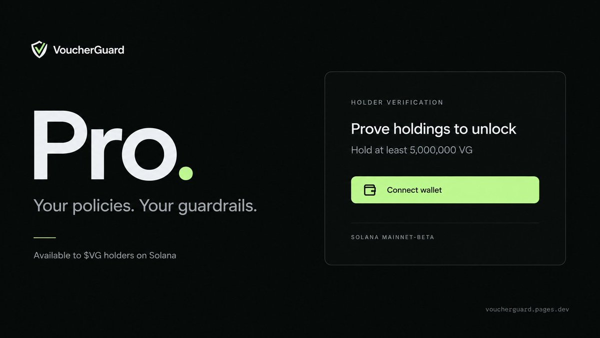 VoucherGuard's tweet photo. Introducing VoucherGuard Pro!

Paste one Solscan transaction link to inspect SOL and token balance changes, fees, spending delegations, and account authority changes, including recorded inner instructions.

See what happened, what needs attention, and what couldn’t be checked. Export the evidence.

Custom policies and batch verification are included.

Hold 5M $ VG on Solana and sign an access message to unlock. No payment transaction required.

https://t.co/5FZI2LdZdA