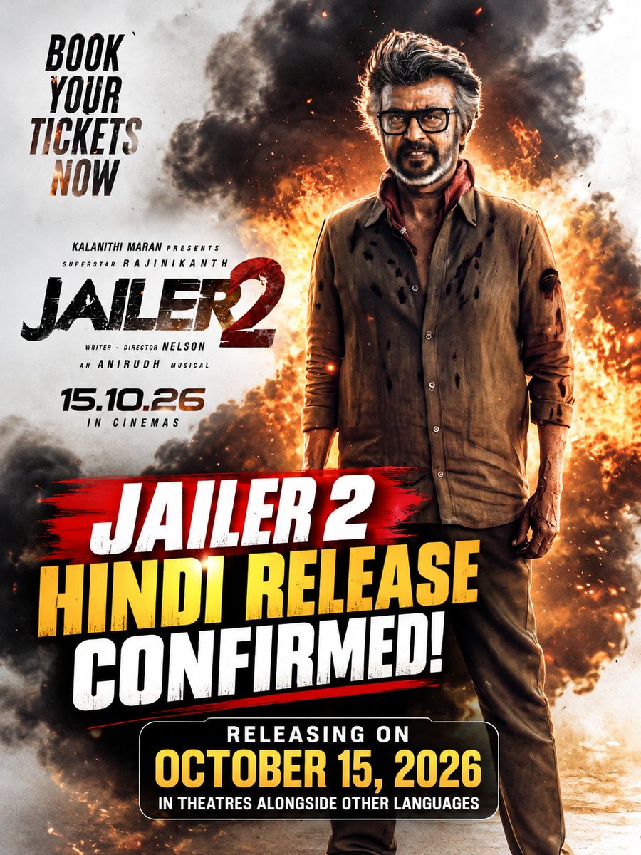 BorntobeAshwani's tweet photo. 📌 #Jailer2 HINDI RELEASE Confirmed 💯 

Putting the rumours to rest, Jailer 2 is scheduled to release in Hindi theatres on October 15, 2026, alongside its other language versions.

🎬 North India Distributor: #PenMarudhar Entertainment

The makers have clarified that there is no change to the planned Hindi theatrical release.

SUPERSTAR #Rajinikanth fans in North India can mark their CALENDARS 📌 

READ HERE ON #CELLEBINDIA 👇 https://t.co/K9mroP0ErY

@sunpictures @rajinikanth @vidya_balan
