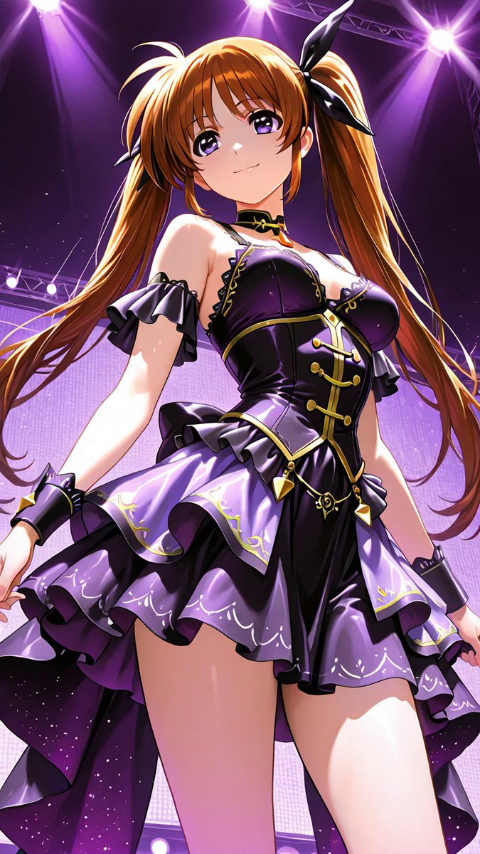 oteranosekai's tweet photo. 紫のアイドル衣装���してみました。赤と蒼もありましたが、紫もいいです。舞台のライトに映えています。この色、気に入りました。
あなたも試着する？

ファンアート 
高町なのは 
作品名：魔法少女リリカルなのは

#紫のアイドル衣装ご試着 #プロンプト試着 #AIイラスト #高町なのは #なのは #魔法少女リリカルなのは