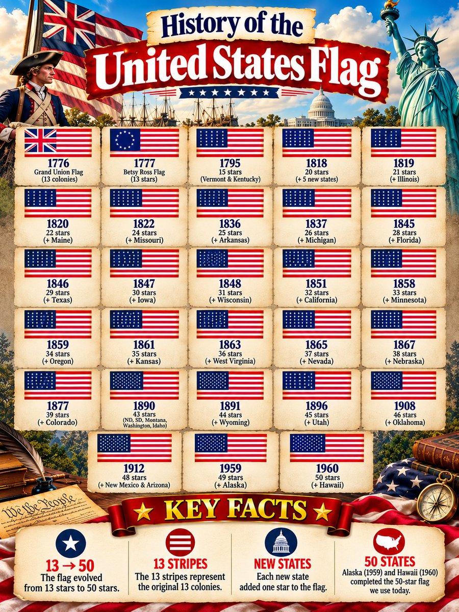 usmanhaider1193's tweet photo. 🇺🇸 The History of the American Flag: From 13 Stars to 50! ⭐

Discover how the U.S. flag evolved from 1776 to 1960 as new states joined the Union. The 50-star flag represents all 50 states, while the 13 stripes honor the original colonies.

#AmericanFlag #USHistory #HistoryFacts https://t.co/q7tREneSAp