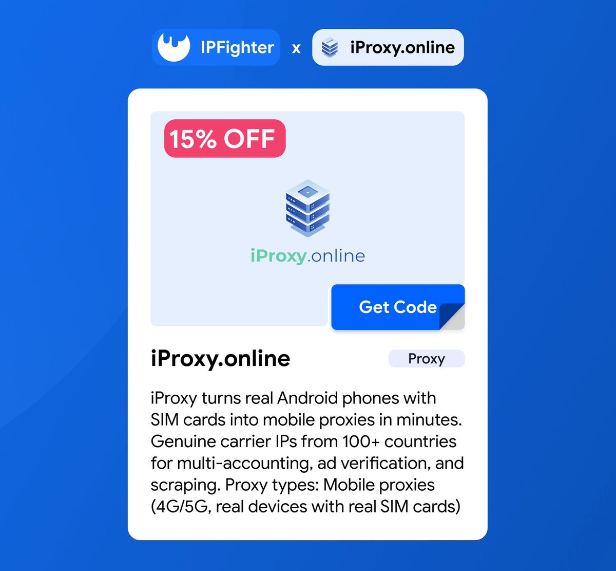 ipfighter_com's tweet photo. 🚀 IPFighter x https://t.co/DHqA4zBhsN are officially partners! 🚀

Create your own mobile proxies directly from Android devices using 3G/4G/5G/LTE networks.

🔥 EXCLUSIVE DEAL: Get 15% OFF the Pro plan!

👇 Claim your coupon code here: https://t.co/bYJkX1q4j3

#proxy https://t.co/5g95bHb9nl