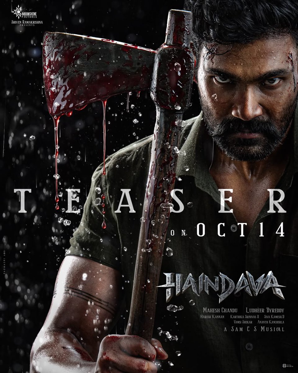 alapatim's tweet photo. Fury Has a New Face. Bloodthirst Rises...🩸🪓

The Power-Packed #HAINDAVA TEASER Arrives on October 14th ❤️‍🔥

@BSaiSreenivas @iamsamyuktha_ @MaheshChandu @ludheerbyreddy @SamCSmusic @dop_harish @karthikaSriniva @doddikamesh @Moonshine_Pctrs @VamsiSekhar https://t.co/Dn0UEAS0i6