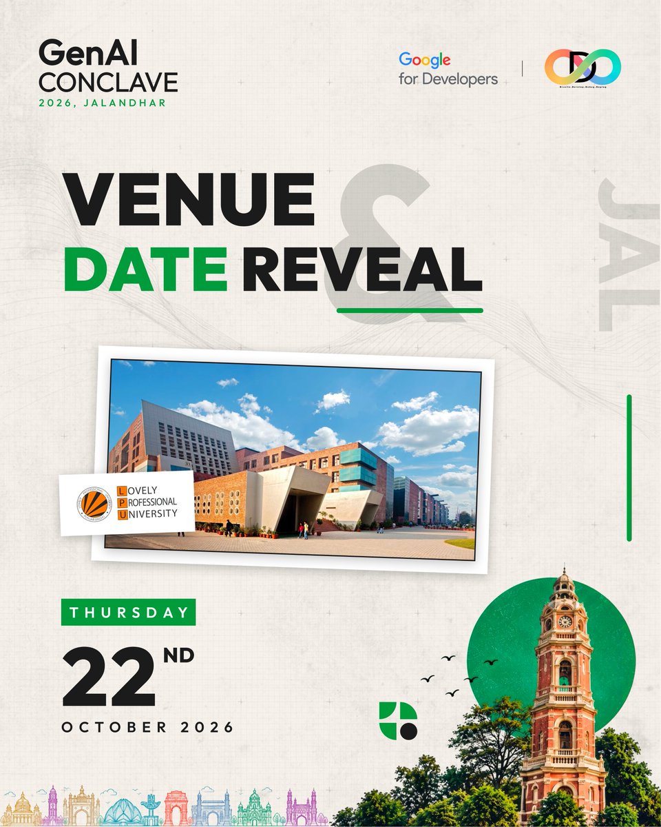 D4Community's tweet photo. Venue & Date Reveal!
GenAI Conclave 2026, Jalandhar is coming to Lovely Professional University on 22 October 2026!
A day to learn, connect, and explore the future of Generative AI.
More updates soon!
#genAIconclave #d4community #d4 #genai https://t.co/J8qFJdcnFS