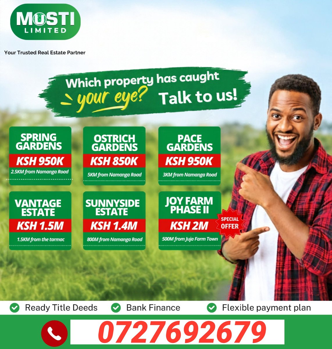 Alpha_propertis's tweet photo. 🏡 Find your ideal plot! Prices start at KSh 850K. Options range from Ostrich Gardens to Joy Farm Phase II at KSh 2M. Ready title deeds, bank finance &amp; flexible payment plans. Which plot is your pick?

📞Call/WhatsApp 0727692679

#LandForSaleKenya #LandInvestment #Mustilimited https://t.co/gnVw3R8P1J