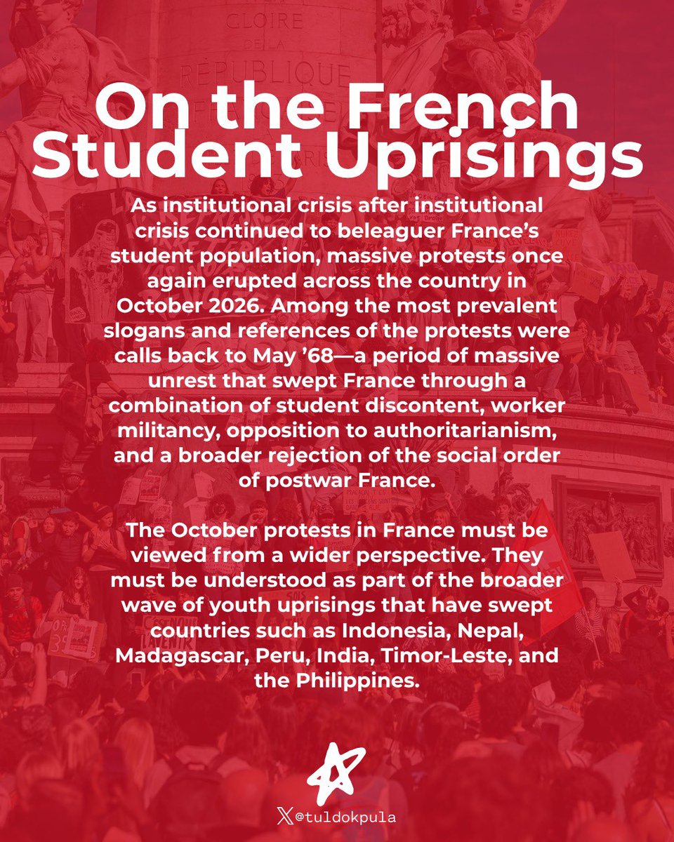 tuldokpula's tweet photo. A spectre is haunting France — the spectre of May '68.

As thousands of students and workers march in various parts of France, the world is waiting for a world waiting to be born.

Read more 👇

(1/2) https://t.co/31B9K33dti