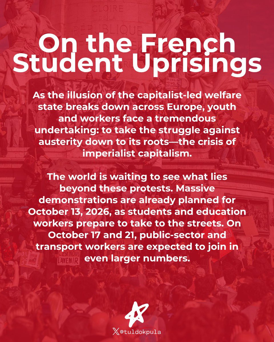 tuldokpula's tweet photo. A spectre is haunting France — the spectre of May '68.

As thousands of students and workers march in various parts of France, the world is waiting for a world waiting to be born.

Read more 👇

(1/2) https://t.co/31B9K33dti