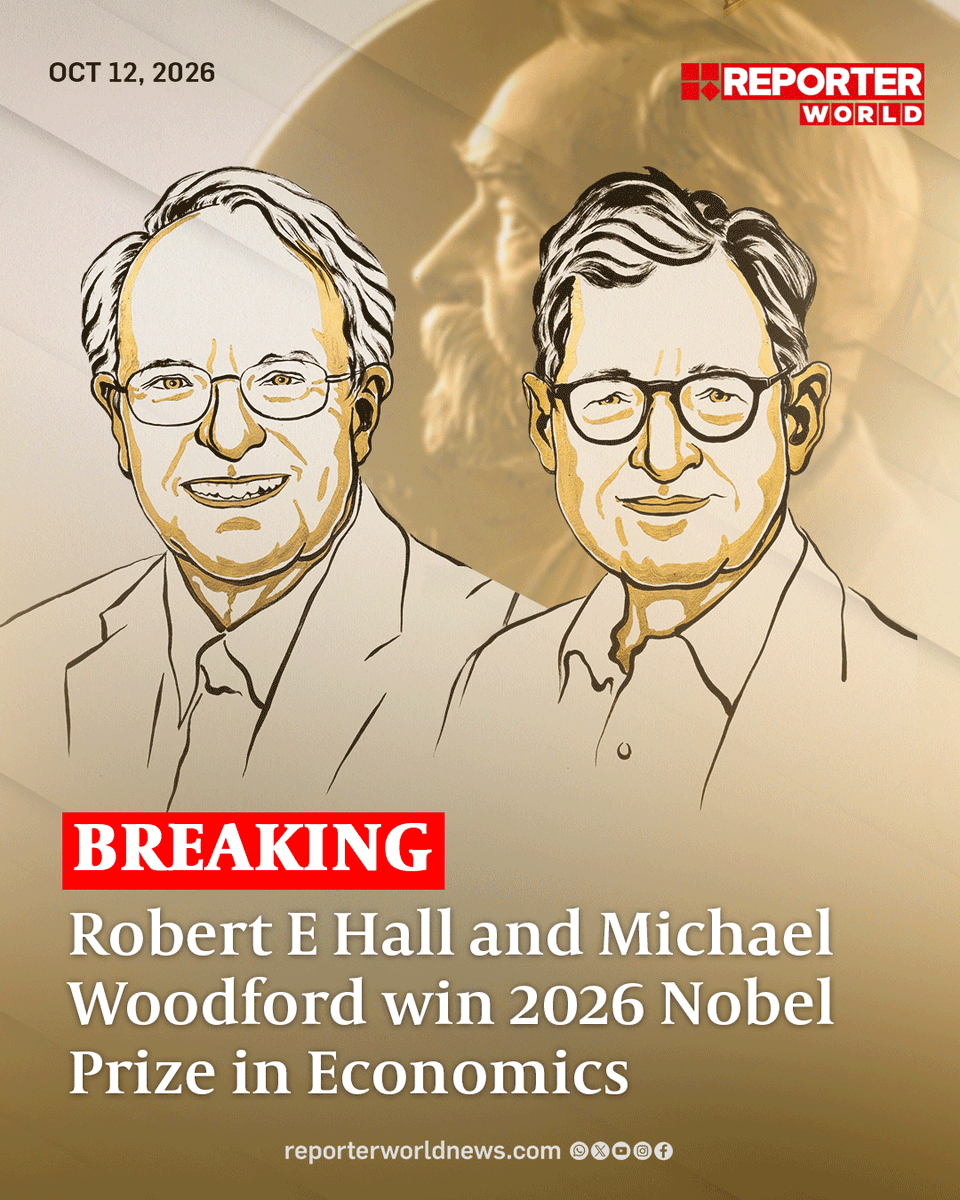 Reporterworld_'s tweet photo. American economists Robert E Hall and Michael Woodford won the 2026 Nobel Memorial Prize in Economic Sciences for their work on the microeconomic foundations of macroeconomic stabilisation.
#RobertHall #MichaelWoodford #NobelPrize #NobelPrizeInEconomics #Economics #ReporterWorld https://t.co/kqmIwISJgO