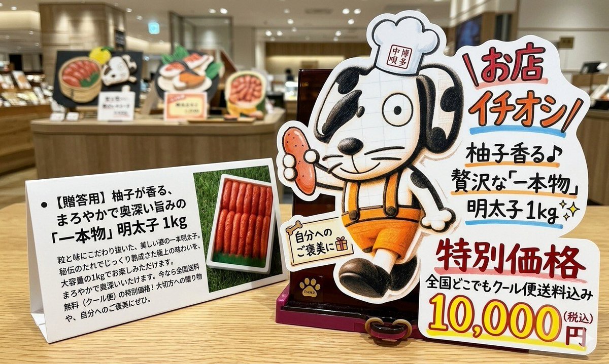 kinkenchikushi's tweet photo. イオンモール筑紫野1F、金犬くんです🐶
🔴熟成本漬け一本明太子1kg
✨特���価格　10,000円✨
全国各地、クール便無料！🚛💨
この季節、ご飯のお供にぴったり👀
創業以来受け継がれる秘伝のタレでじっくり熟成。まろやかで奥深い旨みをお楽しみください🍀
贈答用にぜひ✨

筑紫野店　ちょるる
#博多中唄 https://t.co/483STUY3rB