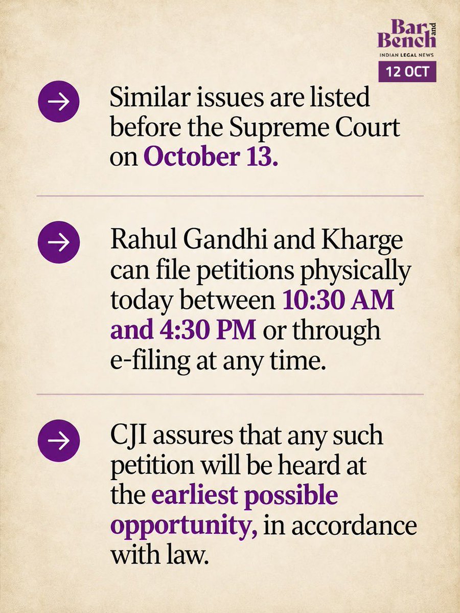 barandbench's tweet photo. CJI Surya Kant declines to meet Rahul Gandhi, Mallikarjun Kharge and other opposition leaders, citing separation of powers and judicial propriety.

Read here: https://t.co/m3Z89oVJwX https://t.co/EjqCyiDiet