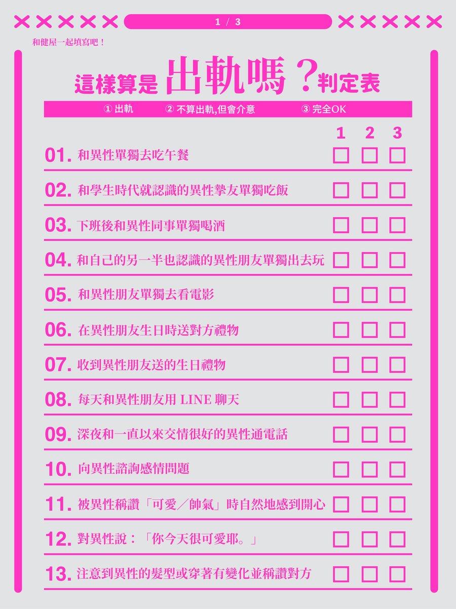 MizukiVtuberTW's tweet photo. 把最近很紅的健屋花那桑的「浮気？判定シート」翻成了中文！想說可以讓華語圈的VTuber、實況朋友們一起玩✨#浮気判定シート
※こちら健屋花那様が作成されたシートを、勝手に繁体字中国語に翻訳させていただたものです。ご本人の許可を得たものではありませんので、問題がございましたら直ちに削除いたします！