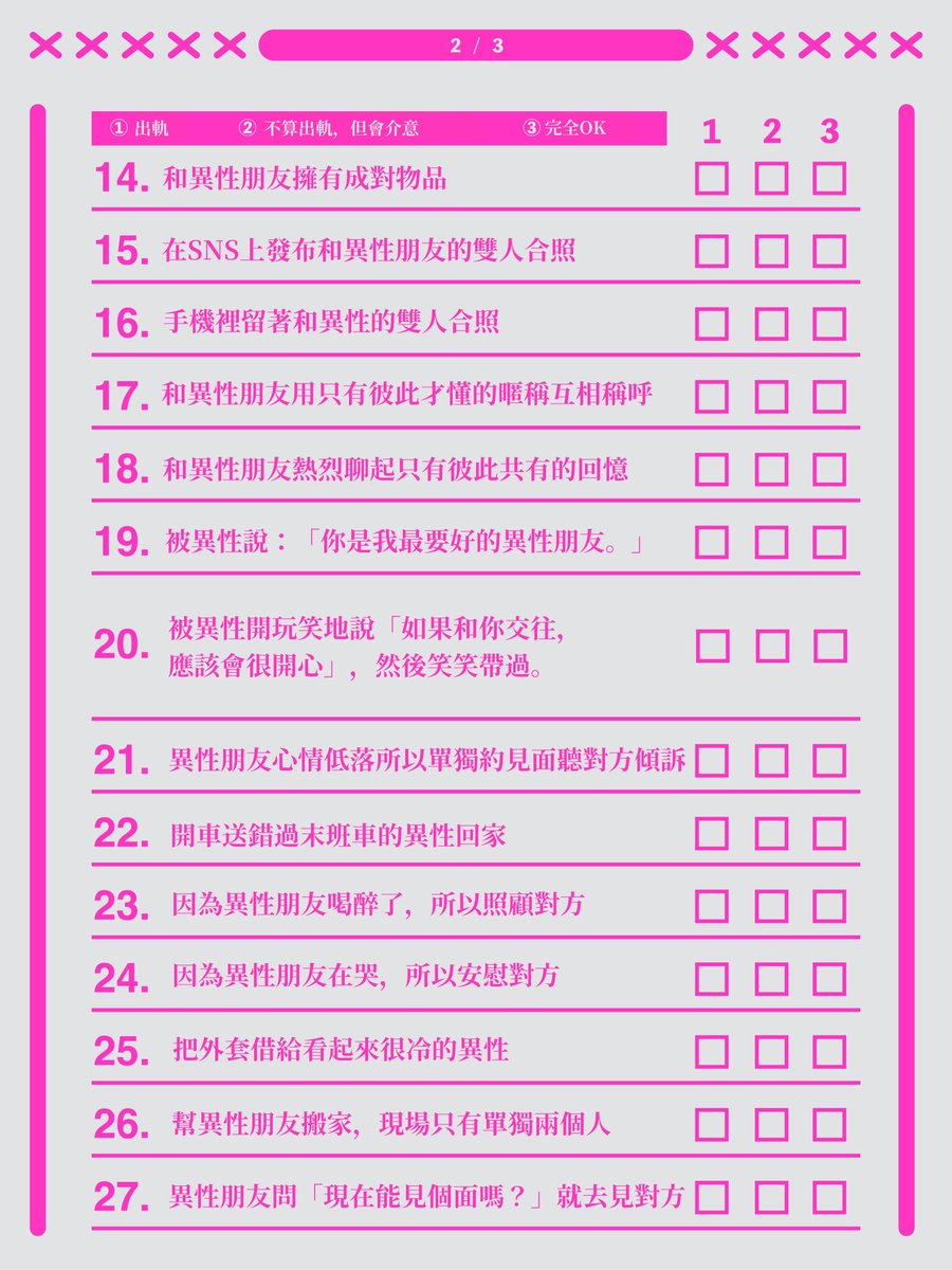 MizukiVtuberTW's tweet photo. 把最近很紅的健屋花那桑的「浮気？判定シート」翻成了中文！想說可以讓華語圈的VTuber、實況朋友們一起玩✨#浮気判定シート
※こちら健屋花那様が作成されたシートを、勝手に繁体字中国語に翻訳させていただたものです。ご本人の許可を得たものではありませんので、問題がございましたら直ちに削除いたします！