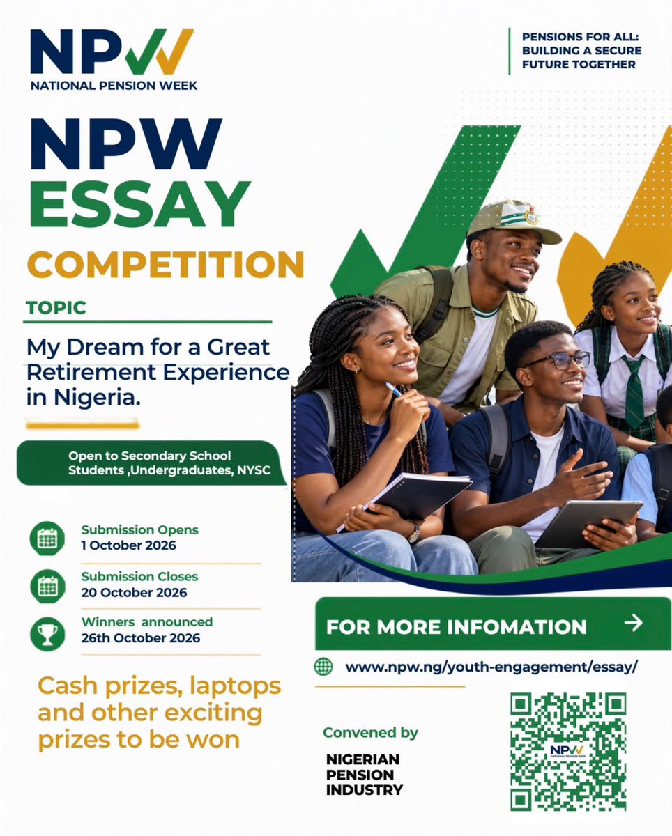 CSPensions's tweet photo. Exciting Opportunities at National Pension Week 2026!

As we work towards “Pensions for All: Building a Secure Future Together,” the Nigerian Pension Industry invites you to take advantage of two exciting opportunities!

1. NPW Essay Competition
Are you a secondary school student, undergraduate, or NYSC corps member? Share your vision for “My Dream for a Great Retirement Experience in Nigeria” for a chance to win cash prizes, laptops, and other exciting prizes.

Submission closes: 20 October 2026
Learn more: https://t.co/jo2rzT4oZm

2. Exhibit at the National SME Fair
Are you an entrepreneur or small business owner? Showcase your products and services at the National SME Fair and connect with potential customers. Booths are free, with limited spaces available.

Date: 27 October 2026
Venue: Classique Events Place, Lagos
Apply to exhibit: https://t.co/Dl5LFnllKv

Don't miss these opportunities to showcase your creativity, grow your business, and be part of a movement towards a more inclusive pension industry.

Pensions for All: Building a Secure Future Together!

#NationalPensionWeek2026 #PensionsForAll #NPWEssayCompetition #NationalSMEFair #RetirementPlanning #FinancialInclusion