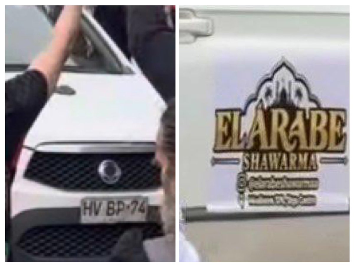 marapoquindo3's tweet photo. IDENTIFICAN CAMIONETA CON INDUMENTARIA ALUSIVA A HAMÁS EN MANIFESTACIÓN EN SANTIAGO.
Registros visuales permiten identificar la camioneta que trasladaba a personas caracterizadas con indumentaria alusiva a Hamás y portando banderas durante la manifestación en Santiago:
Patente: HV·BP-74
 Vehículo: SsangYong blanca
 Gráfica: Lleva el logotipo de "El Árabe Shawarma" (@elarabeshawarma)  
Corresponde que las autoridades aclaren la procedencia del móvil y las circunstancias del hecho.
@minsegpublicacl  @peleg_lewi