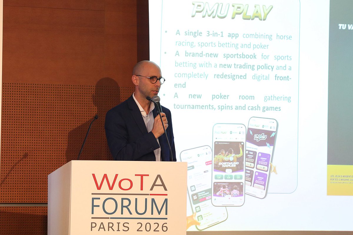 thcastle's tweet photo. Thanks to the guests on stage and the viewers worldwide at the WoTA Forum 2026 in Paris. What a great day with leading personalities like Cyrille Giraudat (CEO PMU), Keith Johnson (President 1/ST Technology), Alex Frost (CEO UK Tote Group) and many more https://t.co/BxHVOeETuO