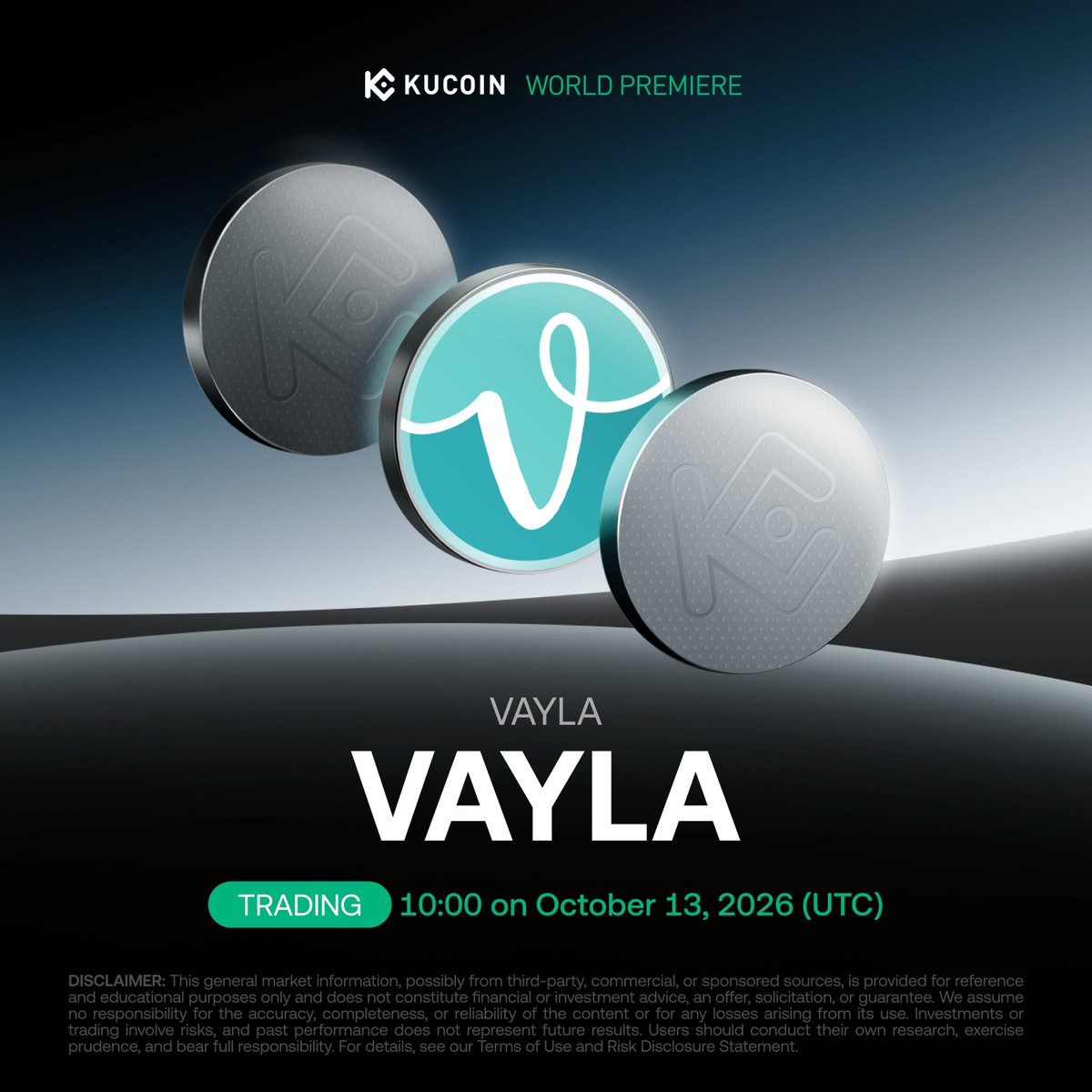 kucoincom's tweet photo. 📢 World Premiere: @VAYLAOfficial_ (VAYLA)  Listed on #KuCoin!

VAYLA is a Web3 music fandom platsts, creators, and fans through interactive paty-driven activities, and digital rewards.

📅 Trading starts: 10:00 on October 13, 2026 (UTC)
💰 Deposits open now (BSC-BEP20)
🔁 Pair: VAYLA/USDT

Details: https://t.co/4BNKVvfvY6 

#KuListing #VAYLA