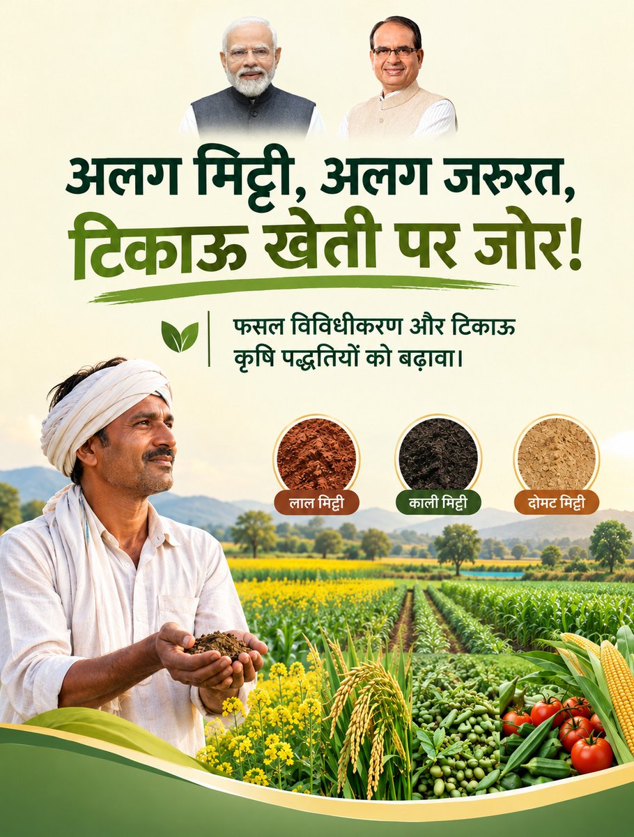 icarindia's tweet photo. हर क्षेत्र की मिट्टी, पानी और मौसम अलग है। ऐसे में खेती के लिए एक जैसा समाधान हर जगह काम नहीं कर सकता।

प्रधानमंत्री धन-धान्य कृषि योजना में फसल विविधीकरण और टिकाऊ कृषि पद्धतियों पर जोर इसी जरूरत को ध्यान में रखता है।

@AgriGoI @ChouhanShivraj #PMDhanDhaanyaKrishiYojana https://t.co/bI4ggoxCVZ
