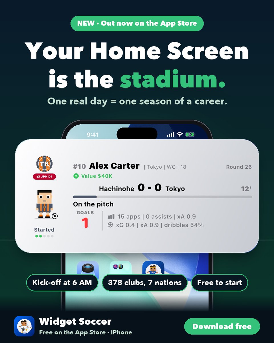 widgetsoccer's tweet photo. Your Home Screen is now a stadium. ⚽️

Widget Soccer is out on iPhone!

📱 90-minute matches play live on a widget
🗓 One real day = one season
🌍 378 clubs across 7 nations

Your first player is free all the way to retirement.
https://t.co/P5qdPEpELp

#WidgetSoccer #indiegame https://t.co/c1TGwLIllC