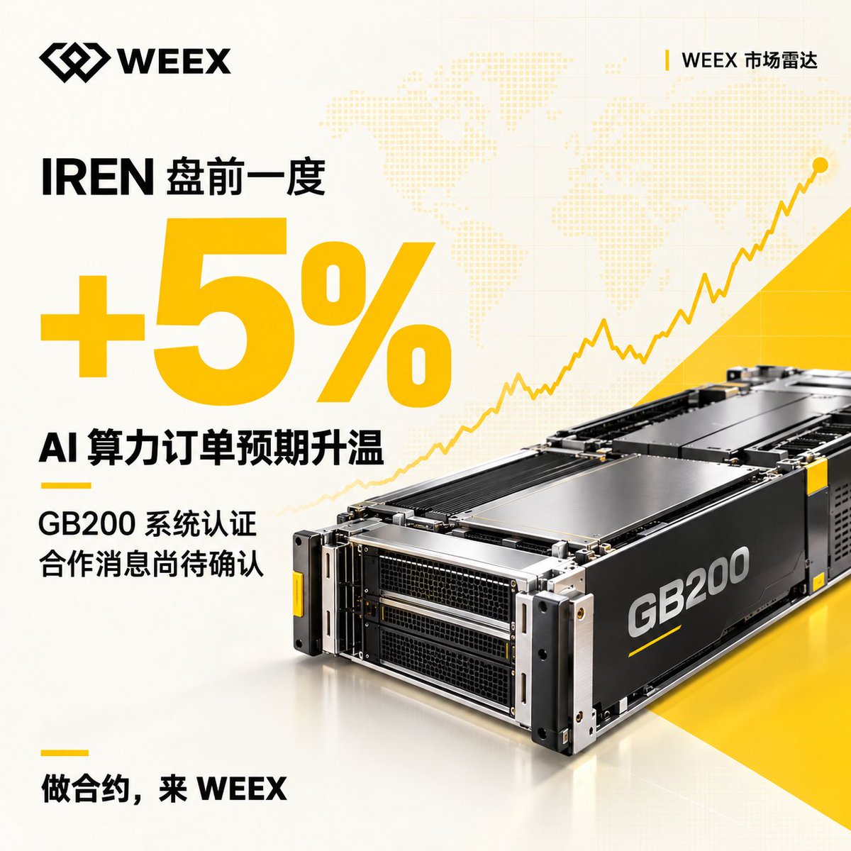 WeexCn's tweet photo. $IREN 盘前一度涨超 5%，AI 算力订单预期升温 👀

在 WEEX 查看 $IREN 行情：https://t.co/eoM6ZSuipQ

消息称，其子公司完成英伟达 GB200 系统认证，强化算力交付能力。

The Information 另报道称，IREN 与 Anthropic 达成多年期云服务协议，但尚未官宣，规模与期限也未披露。

股价先动，消息仍待确认。后续公司披露与开盘后的回吐风险，同样值得盯。

#WEEX #IREN #美股前瞻 #AI #WEEX市场快读