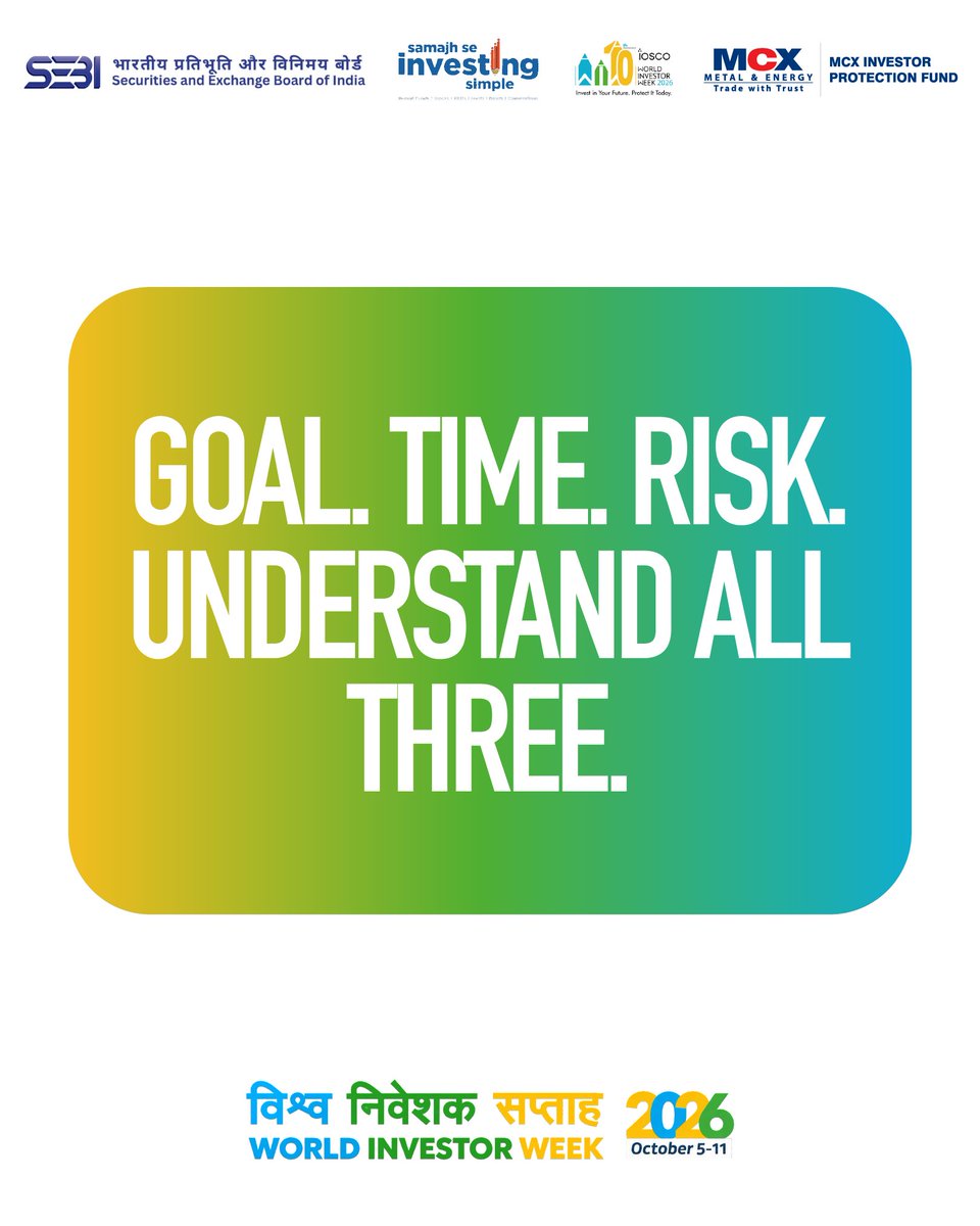 MCXIndialtd's tweet photo. Samajh Se Investing Simple.
#WorldInvestorWeek #WIW2026 #SEBI #MCXIPF #InvestorAwareness #SamajhSeInvestingSimple https://t.co/G1SBFZAOI4