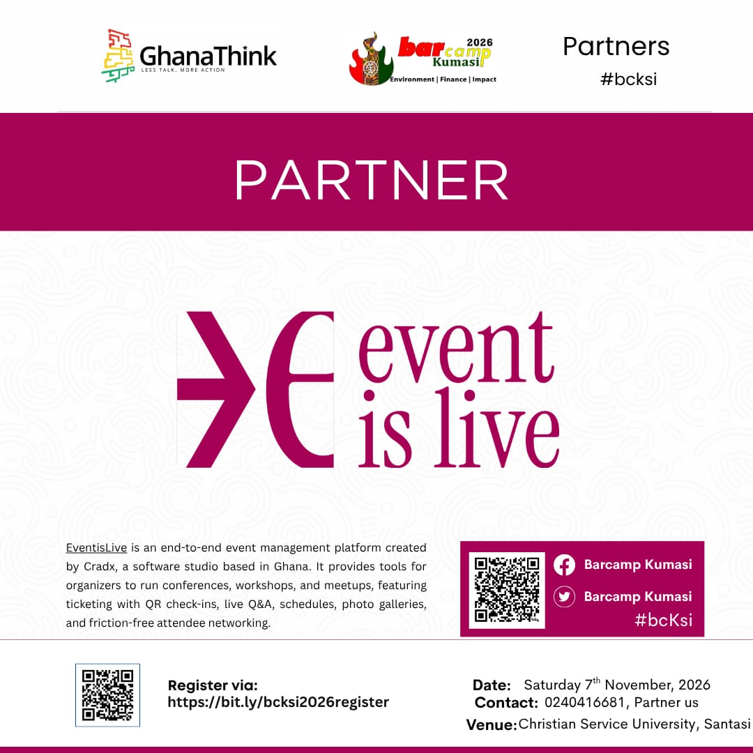 Barcampkumasi's tweet photo. Thank you @thiseventislive for partnering with #BarcampKumasi2026 powering our check-ins. #bcKsi @Barcampkumasi @Barcampghana @Ghanathink https://t.co/zDFXeY2yBK