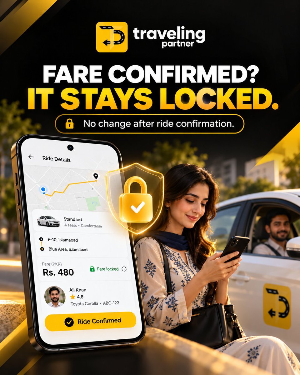 TravelPartnerHQ's tweet photo. FARE CONFIRMED? IT STAYS LOCKED.

Know your ride fare before your journey begins. With Traveling Partner, the fare shown at confirmation stays the same throughout your ride.

Download the app and book your next ride:
https://t.co/1u69ZwRGmv

#ridefare #ridebooking #pakistanrides https://t.co/slEx6Koj0P