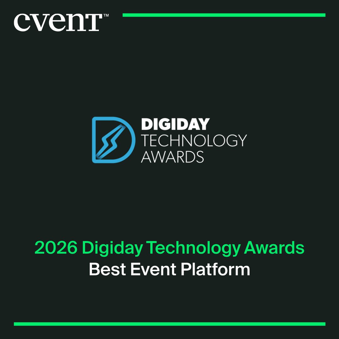 cvent's tweet photo. Cvent is honored to be named Best Event Platform in the 2026 Digiday Technology Awards. 🏆

AI-driven attendee engagement, analytics and industry intelligence help marketers get more from their event strategies.  🚀

#MarTech https://t.co/wdCWNAqYDT