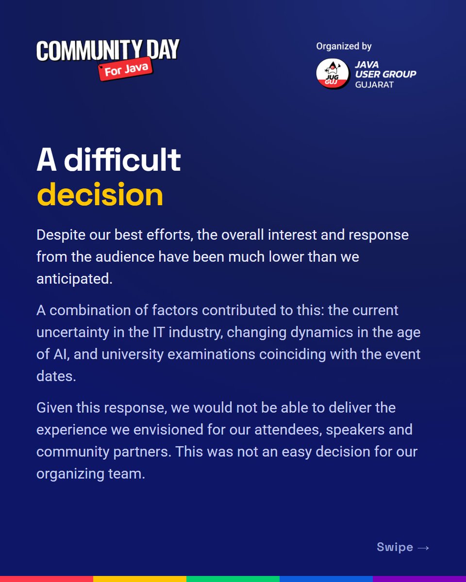 cd4java's tweet photo. With a heavy heart, we announce the cancellation of Community Day for Java 2026 (24 Oct). 

This was a difficult decision, and we’re deeply sorry for the disappointment. 

To everyone who supported us, believed in us, and planned to join us, even from afar, thank you. https://t.co/2ieh6ong0y
