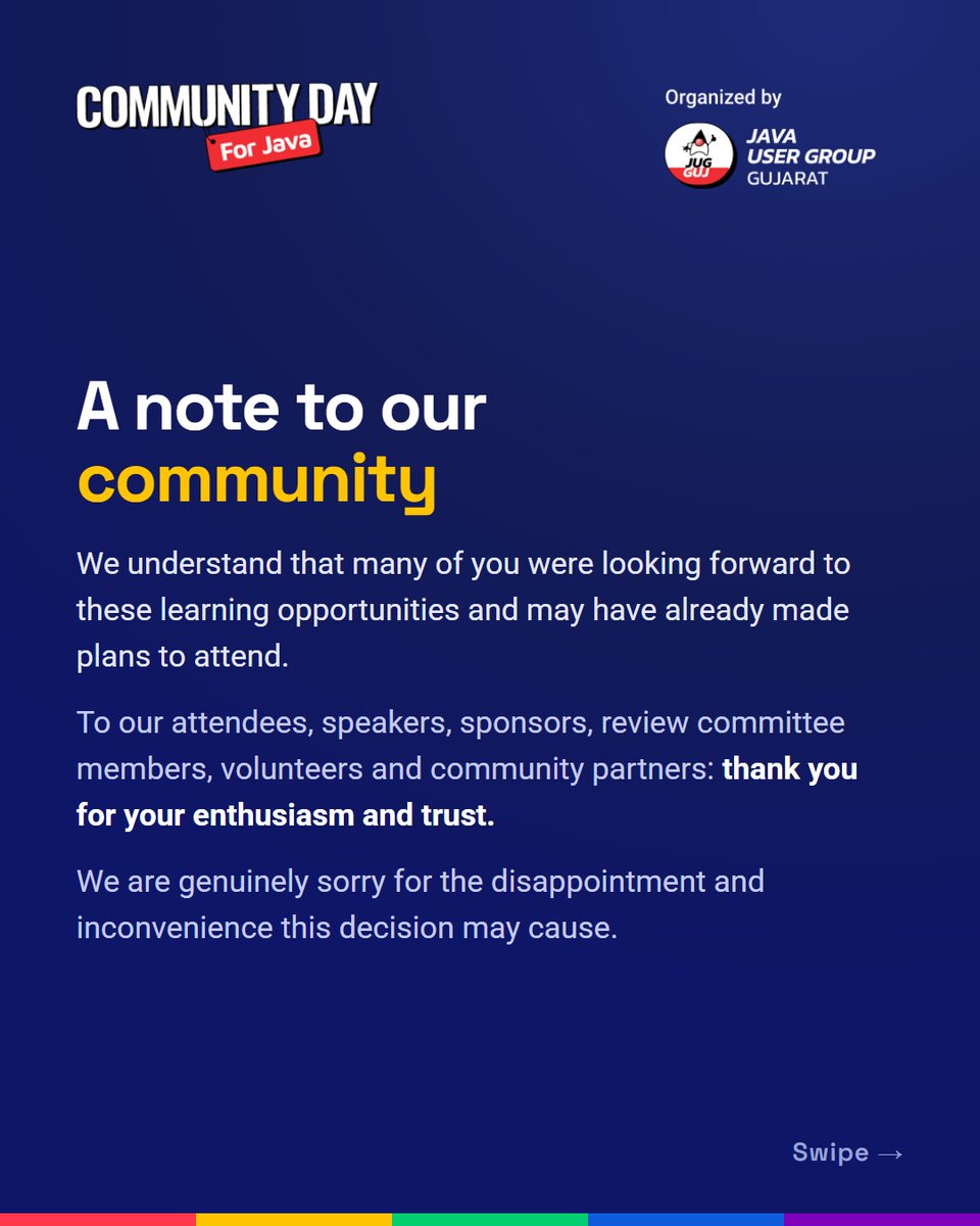 cd4java's tweet photo. With a heavy heart, we announce the cancellation of Community Day for Java 2026 (24 Oct). 

This was a difficult decision, and we’re deeply sorry for the disappointment. 

To everyone who supported us, believed in us, and planned to join us, even from afar, thank you. https://t.co/2ieh6ong0y