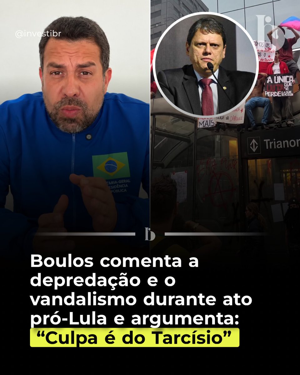 investebr's tweet photo. 🚇 Boulos culpa Tarcísio por incidentes em ato pró-Lula na Paulista. Estações de metrô foram fechadas após depredação e tumulto. Boulos criticou o fechamento, enquanto o Metrô alegou segurança.

Leia mais: https://t.co/rF7coXmvuD https://t.co/tKI7G2WXGW