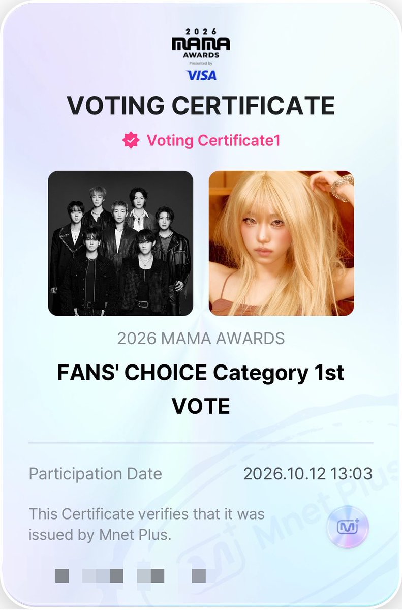 amevvil's tweet photo. ⚠️ Warnings about MAMA Voting

- BTS is not leading right now! Push your votes and use all available devices. (1 account per device only)

- 1 vote per day, per device, and per ID (Resets 00:00 KST | Ends Oct 22). 

- Blur all numbers and info when sharing your voting certificate. 

📦 HOW TO VOTE FOR BTS ON 2026 MAMA AWARDS

1. Open 👉 https://t.co/a4HhyIKgYZ

2. Go to 2026 MAMA AWARDS and select FANS' CHOICE 1st VOTE.

3. Select BTS and pick a female artist (system requirement), then watch the full ad to submit.