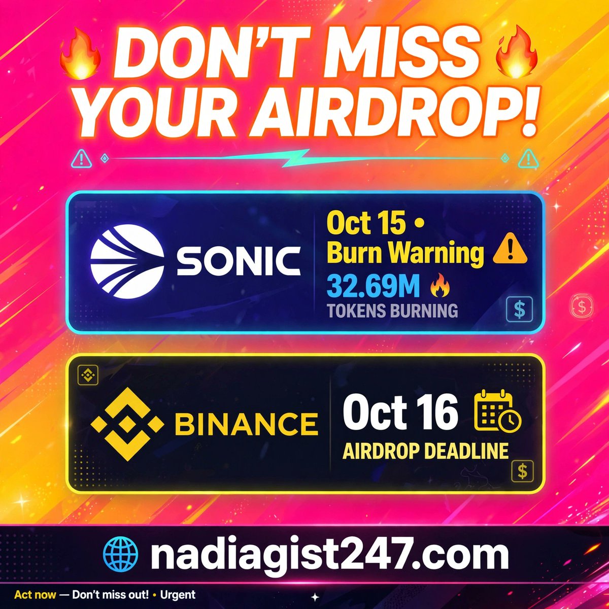 NadiaGist247's tweet photo. 🚨 Airdrop Deadlines This Week:🔹 Sonic: 32.69M tokens - CLAIM by Oct 15 or BURNED 🔥
🔹 Binance USD1 → WLFI rewards - Ends Oct 16
🔹 Amadeus / Ammora tasks Oct 14-16Full guide + safety tips for Nigerians:
https://t.co/09SS8iVoV8 #Crypto https://t.co/2IzpG2vjuD