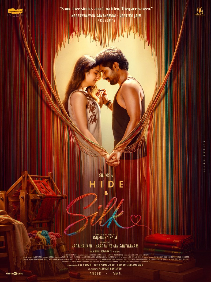 stonebenchers's tweet photo. Between the weaving threads, their love story came together ❤️

#HideAndSilk - First Look and Title Promo out now. 

Telugu ▶️ https://t.co/YdAJ6DkBFn
Tamil ▶️ https://t.co/6OCVJmmQHB

Produced by @kaarthekeyens @024vartika @stonebenchers @misrilallpics @sidhartha1976.

Starring - #Suhas @isanjkayy @TanikellaBharni #ActorNandu #Karunakaran.

A film by @RajendraBala.
An @AmritRamnath musical.

@kalraman2016 @kalyanshankar @Alankar_Pandian @pavsone #Arulmozhithevankalimuthu @karthikpalanidp @cheps911 @sureshsrajan #Jashuva @PraveenRaja_Off @sherif_choreo @kk_lyricist @amolbodake @Prasadfilmlabs @valentino_suren @koothan @yellowtooths #Rajkumar @ashok_narayanan #Kovaivijayakumar @SMadhan17 @TeddyEniya @TeamVamsiShekar @proyuvraaj @MediaYouwe @HaashtagCinema @TheMugDigital