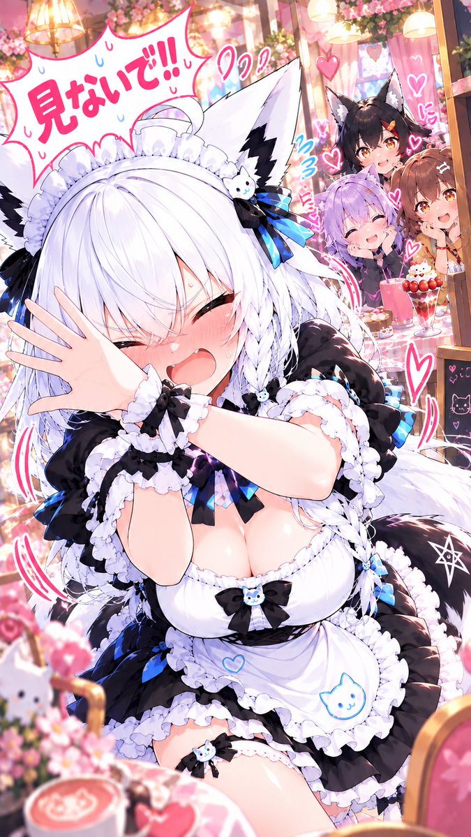 L10N_AIresR's tweet photo. 2026年10月13日
おはようございます(*･ω･)*_ _)ﾍﾟｺ��
ChatGPT作成

メイド服姿の白上フブキ
ファンサをしていたものの、こっそり来ていたゲマズ組に見られ最終的にスタッフルームへ逃走している構図を作ってみました。

#L10N_artR
#AIart 
#SFW https://t.co/TdoMZFZGKV