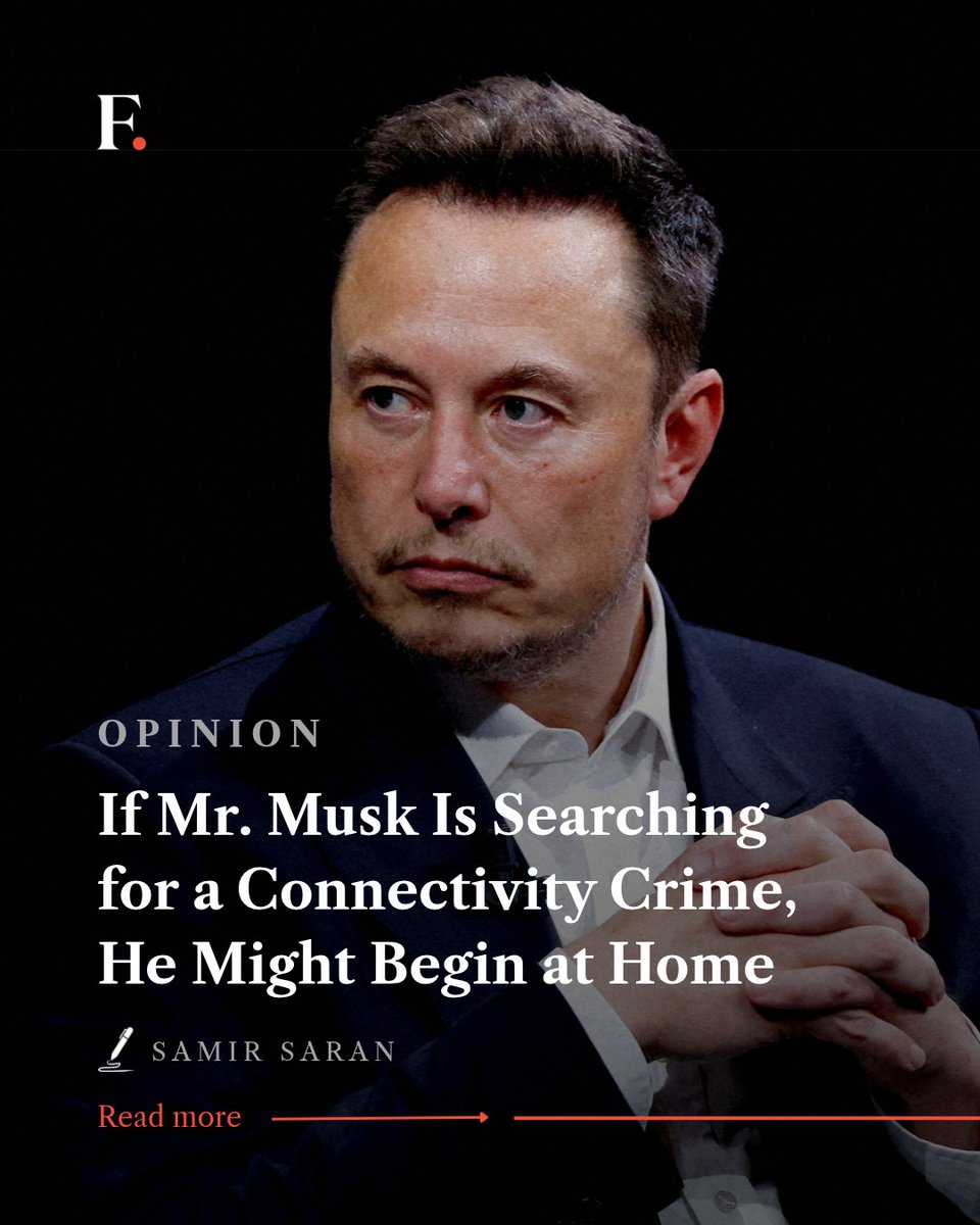 firstpost's tweet photo. 'The world's richest man told 1.4 billion Indians that they were victims of a crime, accusing 'certain oligarchs' of blocking Starlink in India. If Mr. Musk is searching for a connectivity crime, he might begin at home,' writes @samir_saran on @moneycontrolcom. 

#FirstpostNews https://t.co/l1kCko054T