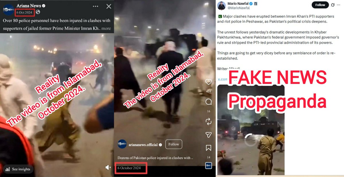 fcheckmaster's tweet photo. Mario Nawfal is circulating footage from Islamabad on 6 October 2024, falsely presenting it as video of clashes in Peshawar last night.

With no such protest taking place in Khyber Pakhtunkhwa as claimed, PTI-linked domestic and foreign social media accounts are recycling old footage to fabricate a false narrative.