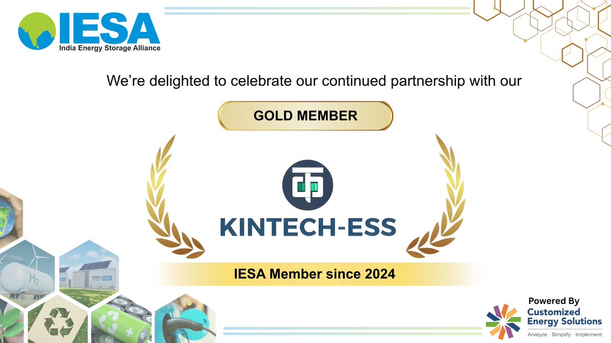 IndiaESA's tweet photo. @kgupl_kintech renews its association with IESA as a Gold Member!

Through its Battery Energy Storage System (BESS) solutions, the company is supporting renewable energy integration and reliable energy infrastructure.

#IESA #GoldMember #KintechESS #BESS #EnergyStorage https://t.co/QJGE1Ayb3X