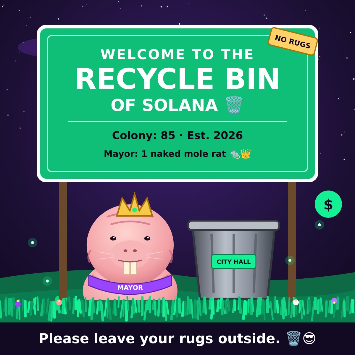 MULLCOIN's tweet photo. Welcome to the Recycle Bin of Solana 🗑️
Colony: 85 and growing.
Mayor: one naked mole rat. 👑

Please leave your rugs outside. 😎
$MULL https://t.co/CYUtEWuTBa