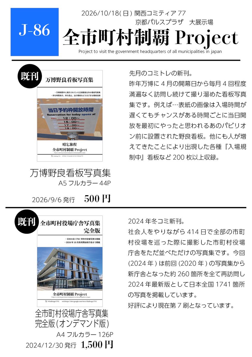 challenge1741's tweet photo. 関西コミティア77　京都パルスプラザ大展示場
10月18日(日)
J-86 全市町村制覇Projectお品書きです。
既刊のみとなります。先月コミトレの新刊、万博野良看板写真集と役場庁舎写真集2つとなります。よろしくお願いします。#関西コミティア77 https://t.co/QBV0fUd1Sg