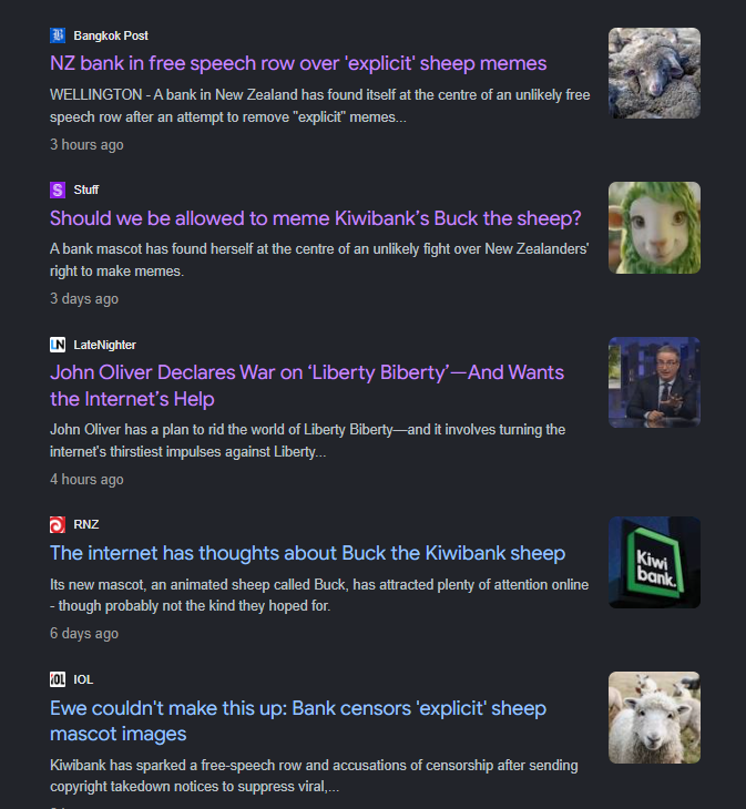 SDNsmartcity's tweet photo. THIS MIGHT BE GENNY AND FRESH.

New Zealand’s state-owned bank made a green sheep mascot called BUCK. The internet decided he was too sexy.

The bank sent copyright takedowns. People responded with MORE memes. The original post passed 4 MILLION views, according to AFP.

MORE AND MORE BIG MEDIA IS REPORTING IT

A literal bank accidentally created a sheep meme and became forbidden meme. 

https://t.co/PlwQoFLvXc

https://t.co/0RRfcWpgd2

https://t.co/imQ9okdUlX